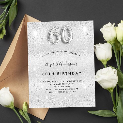 Budget 60th birthday silver glitter invitation