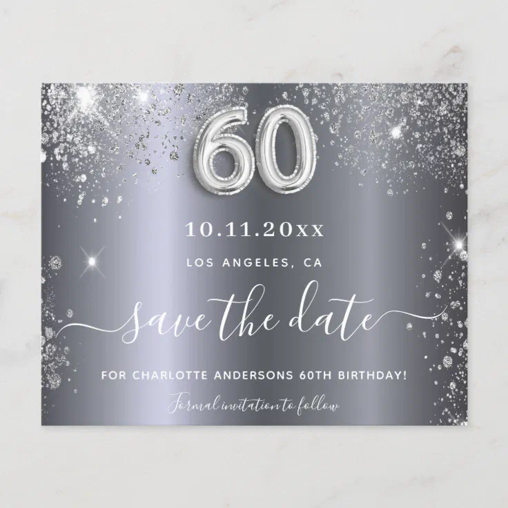 Budget 60th birthday silver glitter save the date | Zazzle