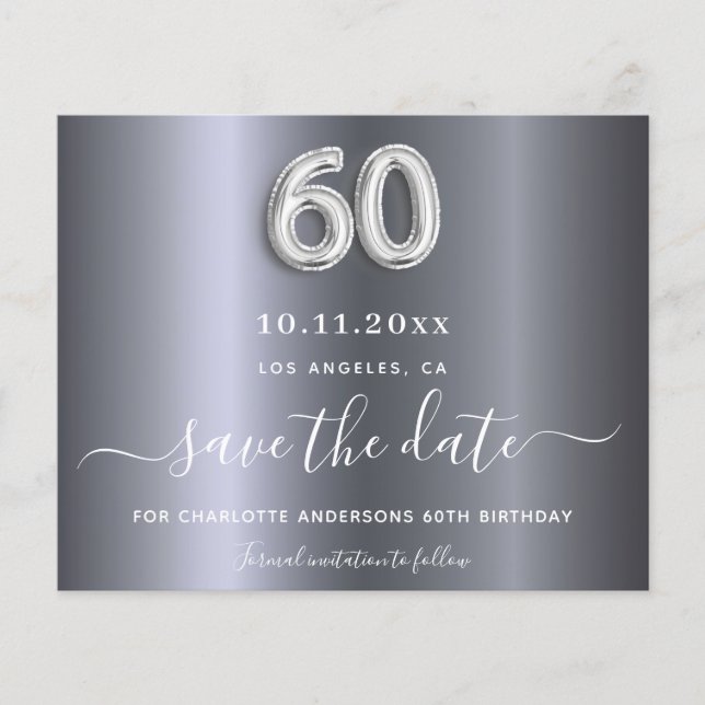 Budget 60th birthday silver metal save the date (Front)