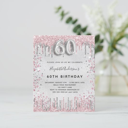Budget 60th birthday silver pink invitation (Standing Front)