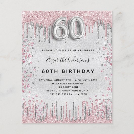 Budget 60th birthday silver pink invitation (Front)