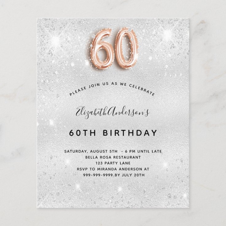 Budget 60th birthday silver rose gold invitation | Zazzle