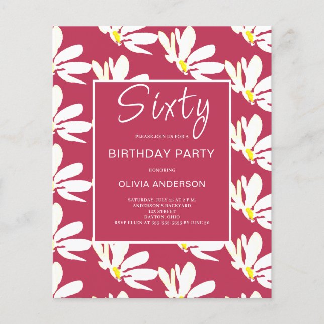 Budget 60th Birthday White Floral Invitation Flyer (Front)