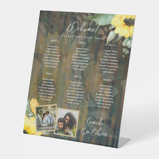 BUDGET 6 Table Rustic Wood SUNFLOWERS PHOTO SEATIN Pedestal Sign (Front)