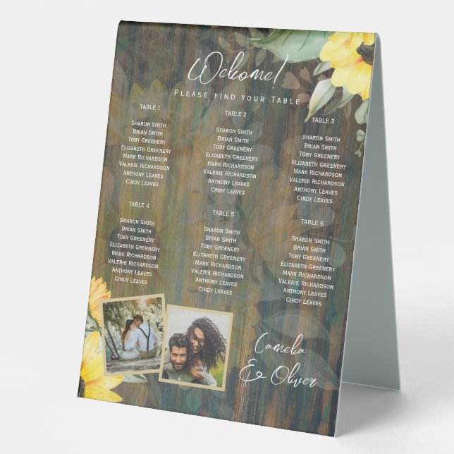 BUDGET 6 Table Rustic Wood SUNFLOWERS PHOTO SEATIN Table Tent (Front)