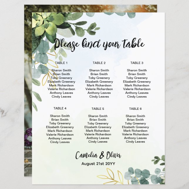 BUDGET 6 Table Wedding Seating Chart Greenery  (Front/Back)