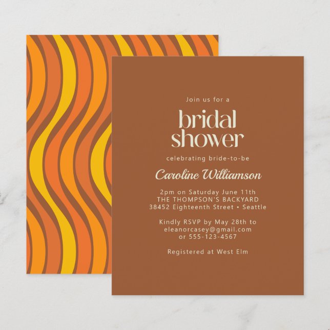 Budget 70s Wavy Lines Orange Brown Bridal Shower (Front/Back)