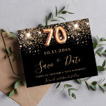 Budget 70th birthday black glitter save the date<br><div class="desc">A girly and trendy Save the Date for a 70th birthday party. A black background decorated with faux gold glitter. Templates for a date and name and text.  Golden colored letters.  The text: Save the Date is written with a large trendy hand lettered style script.</div>