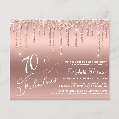 Budget 70th Birthday Glitter Rose Gold Invitation Flyer