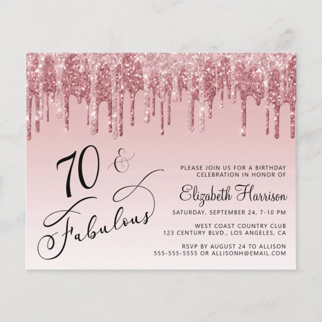 Budget 70th Birthday Glitter Rose Gold Pink Invite (Front)