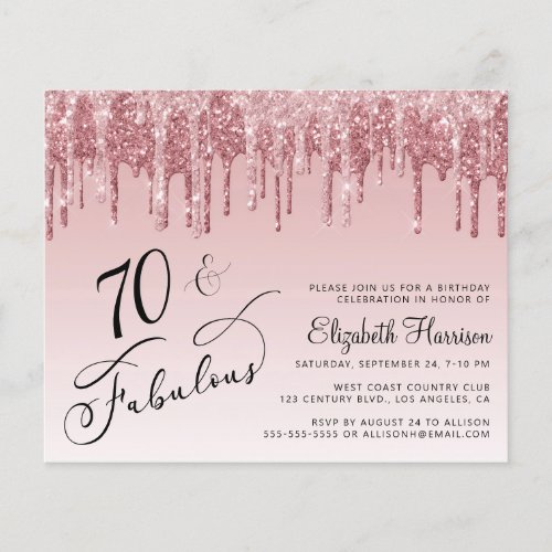 Budget 70th Birthday Glitter Rose Gold Pink Invite