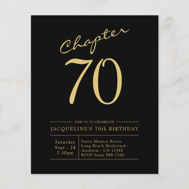Budget 70th Birthday Invitation Black Gold Flyer (Front)