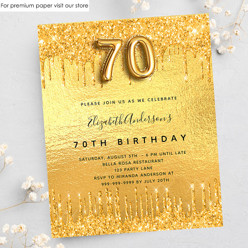 Budget 70th birthday party gold glitter invitation