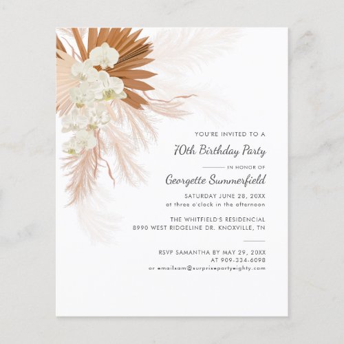 Budget 70th Birthday Party Pampas Grass Invitation