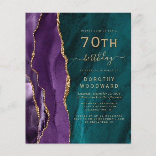 Budget 70th Birthday Purple Gold Teal Agate Invite