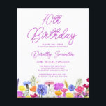BUDGET 70th Birthday Purple Wildflower Invitation<br><div class="desc">A pretty wildflower border decorates the bottom of this adult 70th birthday party invitation. Purple, blue, yellow and orange flowers create a colorful and happy design to celebrate this milestone birthday. Modern and simple purple calligraphy adds a trendy touch to keep it fresh. The open and carefree lettering flow coordinates...</div>