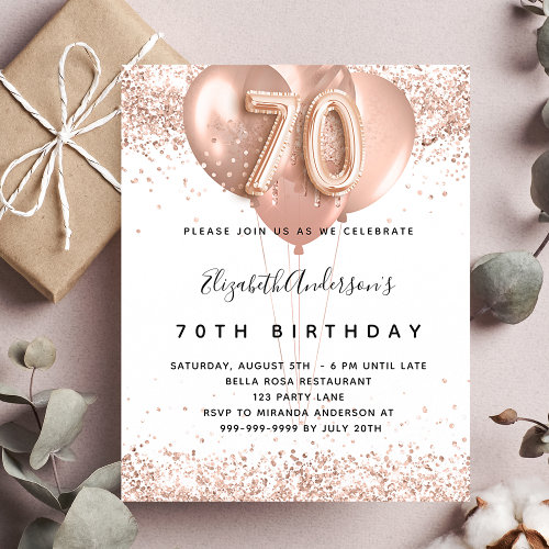 Budget 70th birthday rose gold balloons invitation
