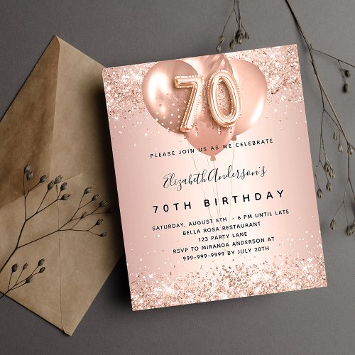 Budget 70th birthday rose gold balloons invitation