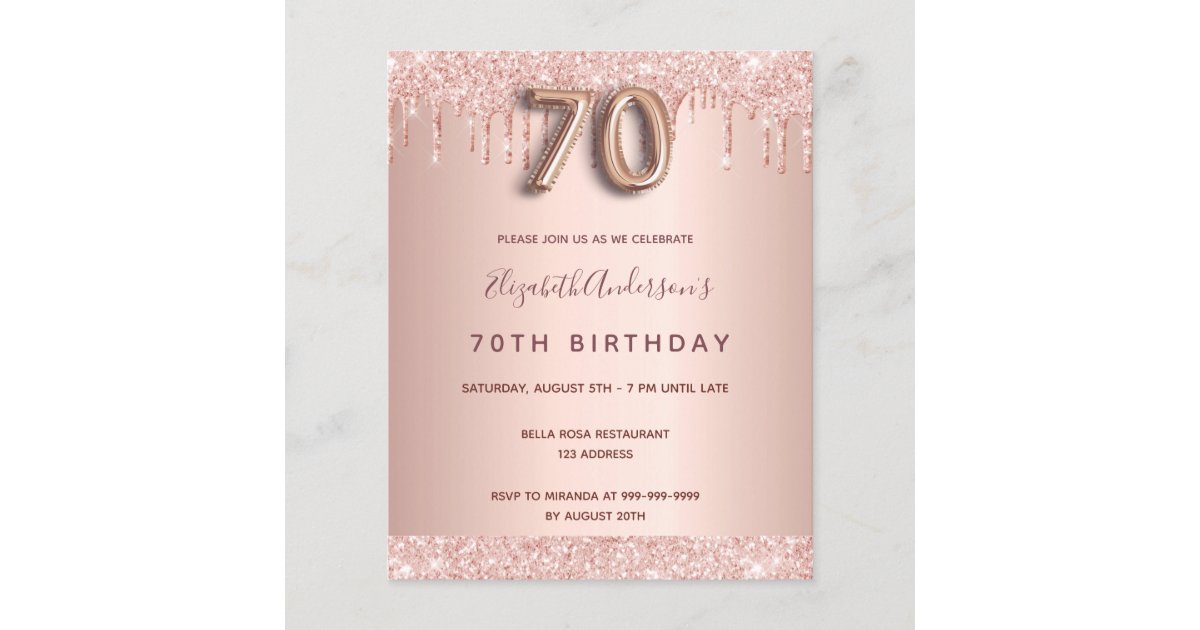 Budget 70th birthday rose gold glitter invitation | Zazzle