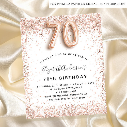 Budget 70th birthday rose gold white invitation