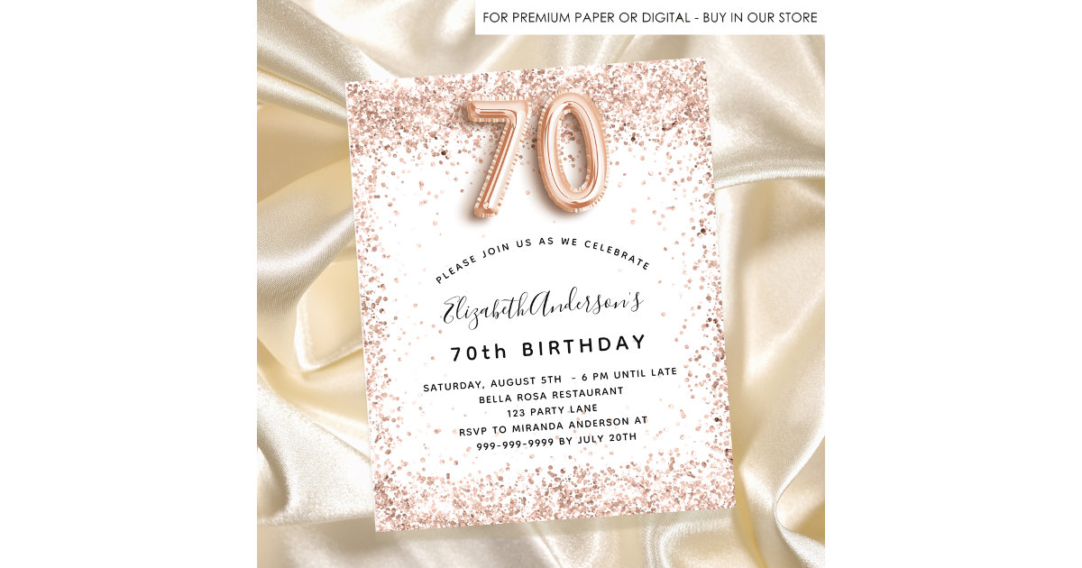 Budget 70th Birthday Rose Gold White Invitation 