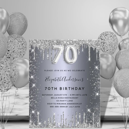 Budget 70th birthday silver glitter invitation