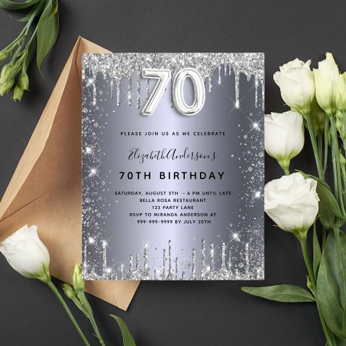 Budget 70th birthday silver glitter invitation