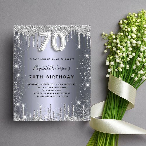 Budget 70th birthday silver glitter invitation