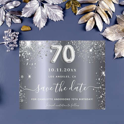Budget 70th birthday silver glitter save the date