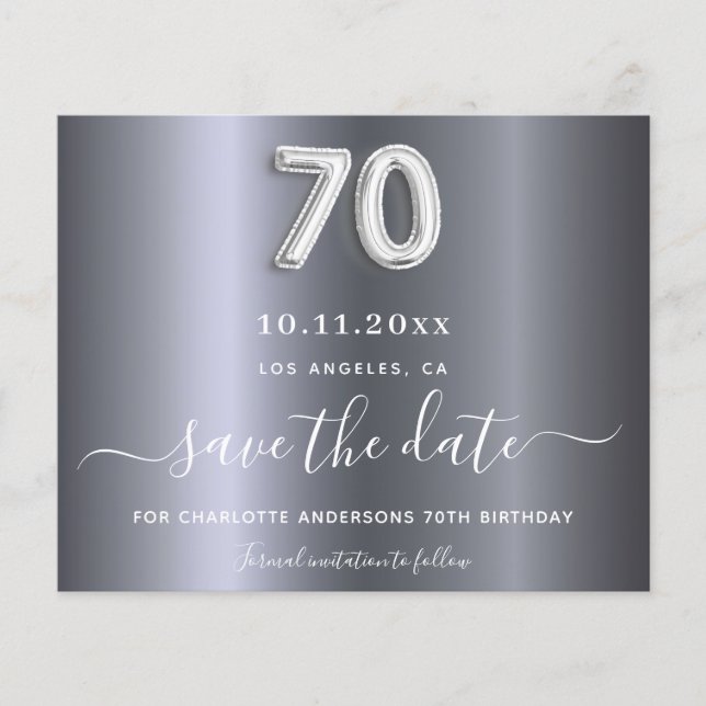 Budget 70th birthday silver metal save the date (Front)