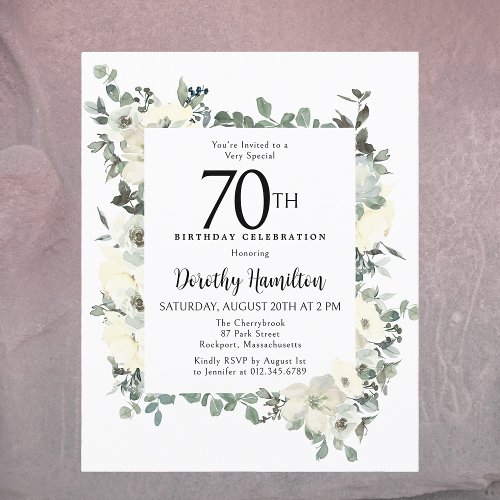 Budget 70th Birthday White Floral Invitation