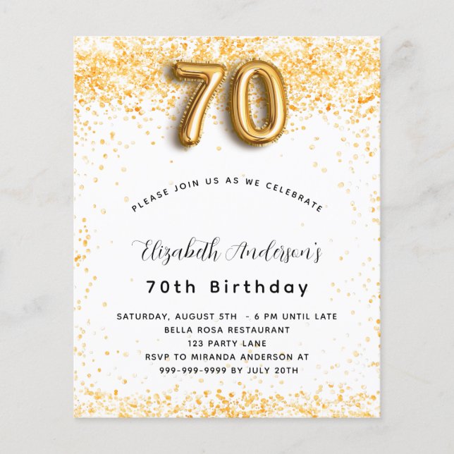 Budget 70th birthday white gold glitter invitation (Front)