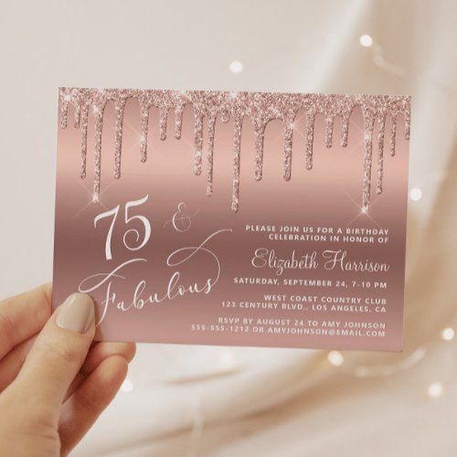 Budget 75th Birthday Rose Gold Glitter Invitation