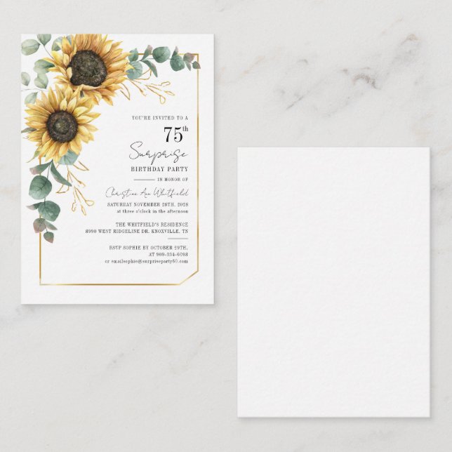 Budget 75th Birthday Sunflower Eucalyptus Party Note Card (Front/Back)