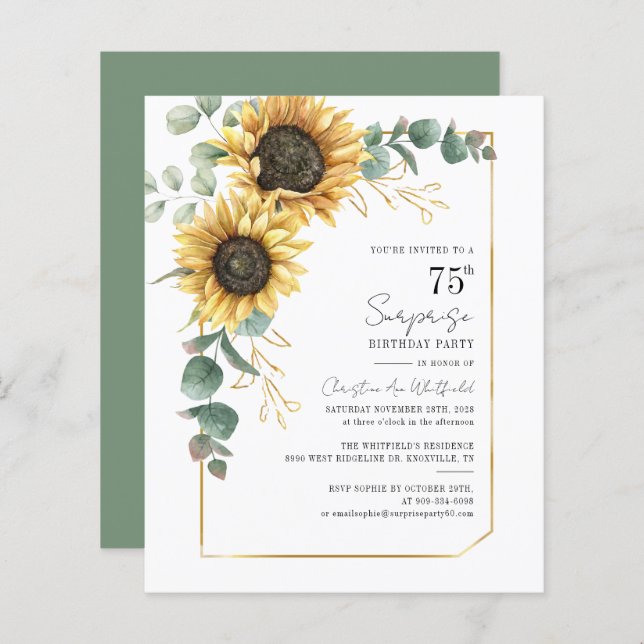Budget 75th Birthday Sunflower Greenery Invitation (Front/Back)