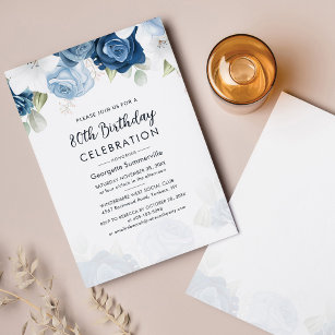Budget 80 Birthday Dusty Blue Floral Party Invite