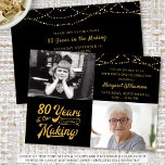 Budget 80th Birthday 2 Photos Retro Invitation<br><div class="desc">A budget-friendly 80th birthday invitation printed on 4.5x6.25-inch lightweight 110 lb semi-gloss paper instead of cardstock featuring in your choice of colors (shown in black and gold) featuring 2 photos, a retro gold typography design announcing 80 YEARS IN THE MAKING which incorporates his or her birth year within the design...</div>