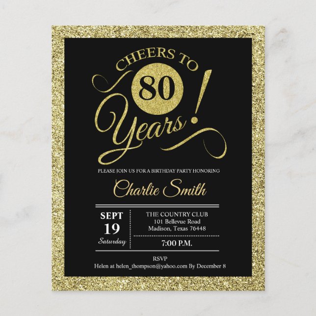 Budget 80th Birthday - Black Gold ANY AGE Invite Flyer (Front)