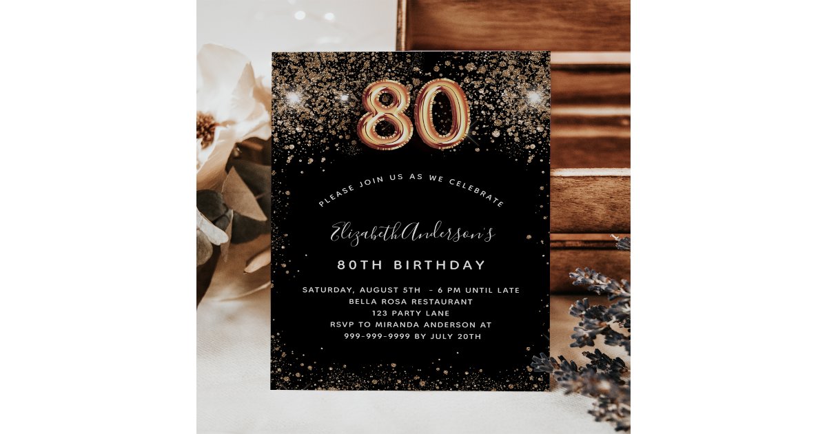 Budget 80th birthday black gold glitter invitation | Zazzle