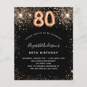 Budget 80th birthday black gold glitter invitation | Zazzle