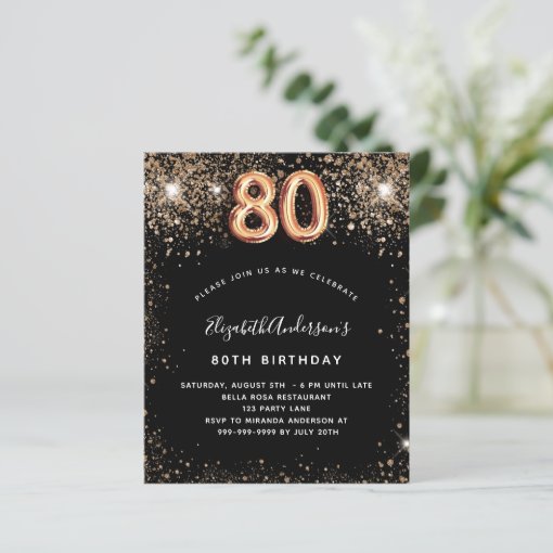 Budget 80th birthday black gold glitter invitation | Zazzle