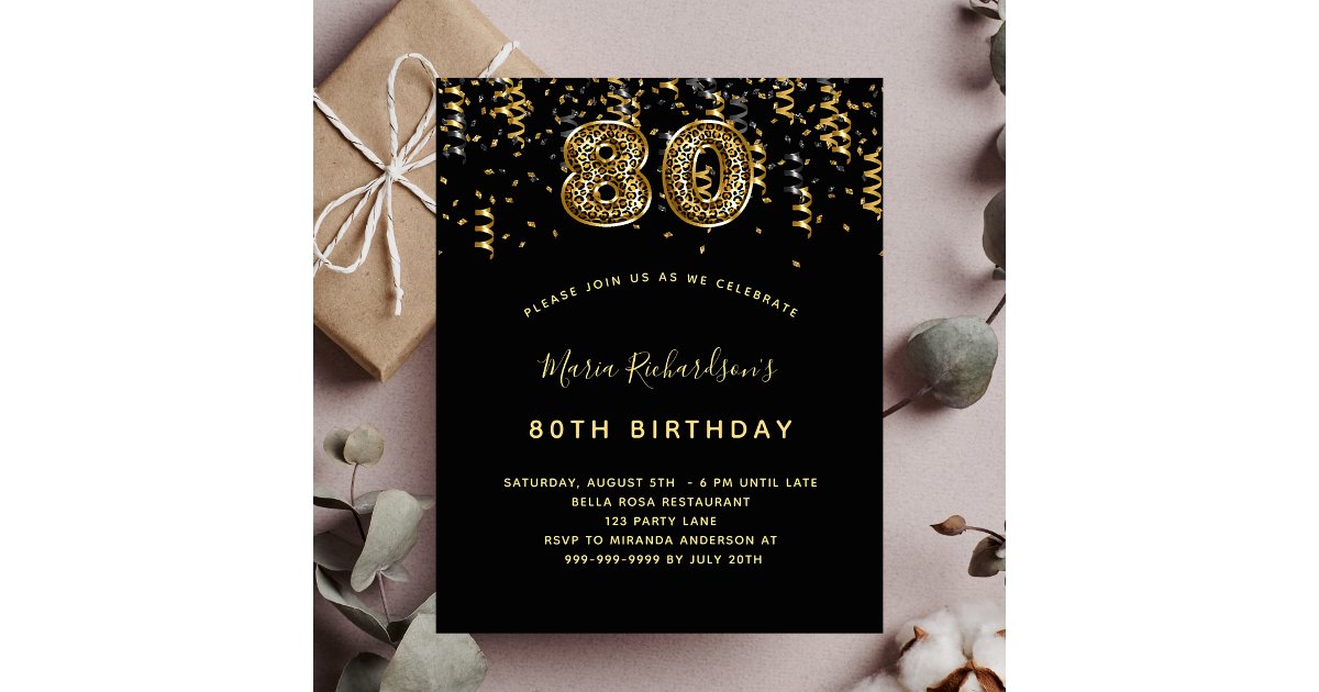 Budget 80th birthday black gold leopard party | Zazzle