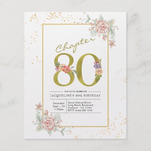 Budget 80th Birthday Floral Gold Script Invitation Flyer