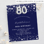 Budget 80th birthday navy blue silver invitation<br><div class="desc">A modern,  stylish and glamorous invitation for a 80th birthday party.  A navy blue background,  decorated with faux silver stars. Personalize and add your name and party details.  Number 80 is written with a balloon style font.</div>