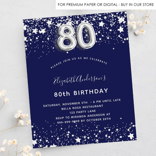 Budget 80th Birthday Navy Blue Silver Invitation Zazzle