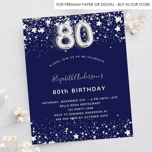 Budget 80th birthday navy blue silver invitation