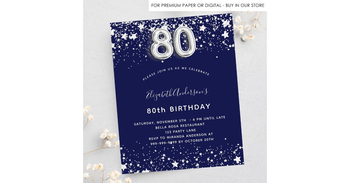 Budget 80th birthday navy blue silver invitation | Zazzle