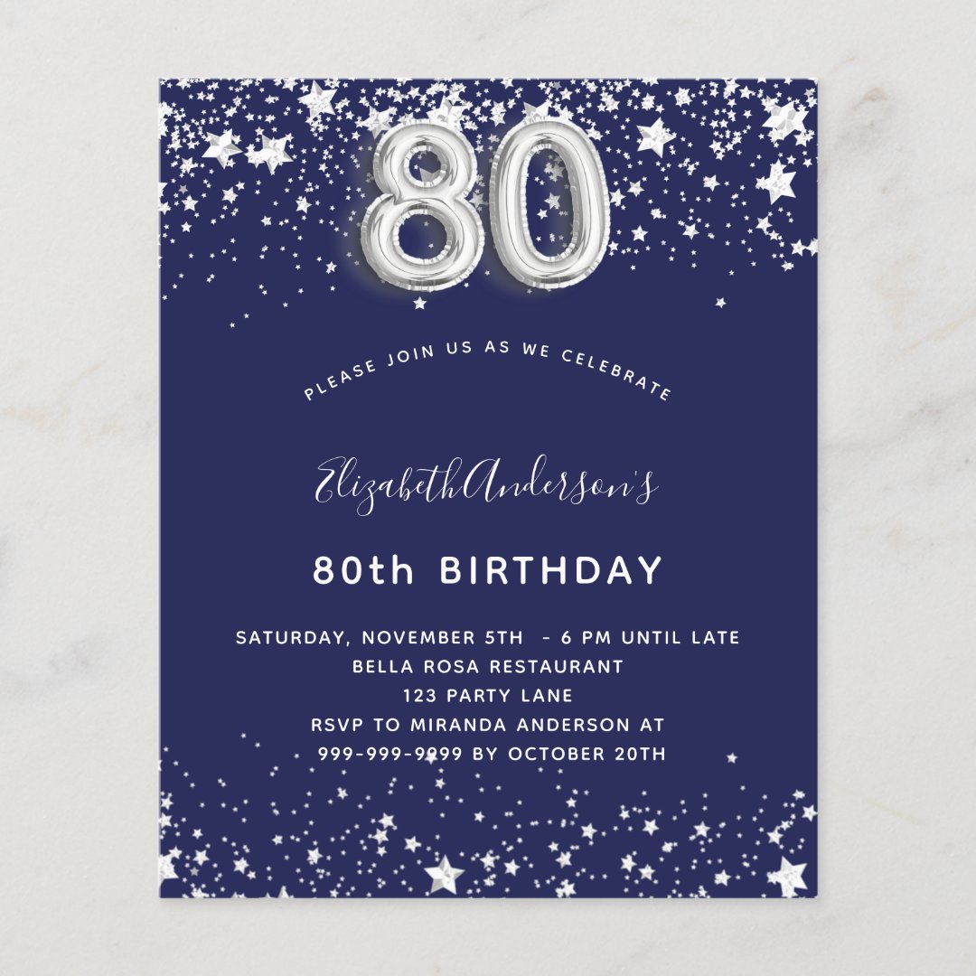 Budget 80th birthday navy blue silver invitation | Zazzle