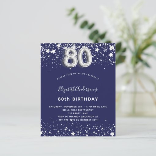 Budget 80th birthday navy blue silver invitation | Zazzle