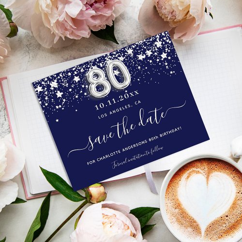 Budget 80th birthday navy blue silver save date